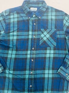 Magellan Outdoor Mens LS Blue Green Plaid Button Up Casual Flannel Shirt, Large